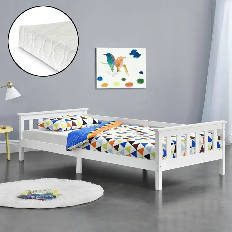 [en.casa] - Letto per Bambino/Ragazzo con Materasso Ipoallergenico a Schiuma Fredda 90x200 cm Letto di Design Moderno in Legno di Pino con Testiera e