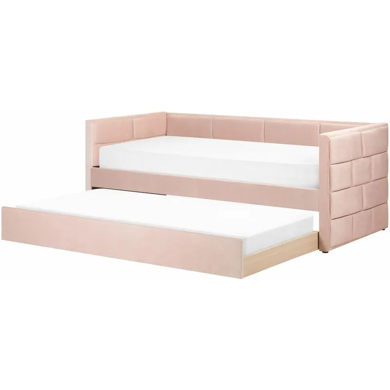 Letto singolo con secondo letto a scomparsa in velluto e telaio con doghe rosa 90x200cm Chavonne