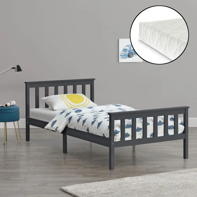 Letto Singolo in Legno di Pino con Materasso Ipoallergenico 90 x 200 cm Letto con Testiera e Pediera Alte - Grigio Scuro