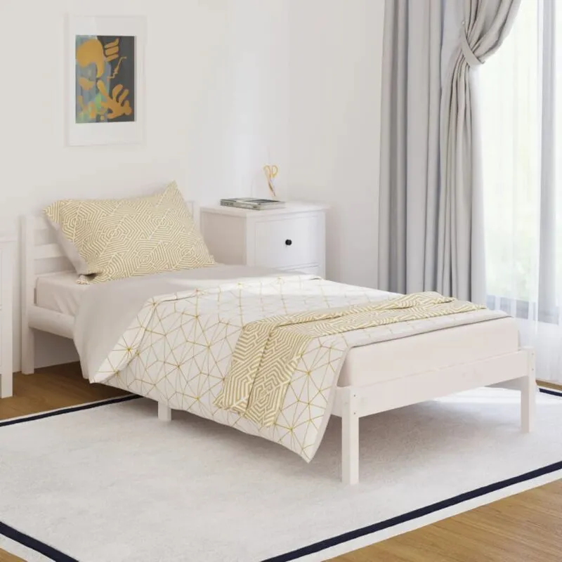 Letto Singolo Moderno Struttura Letto Giroletto in Legno Massello di Pino 90x200 cm Bianco ITD93719