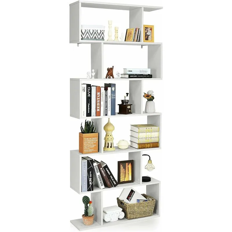 Libreria in Legno Scaffale Multifunzionale a 6 Ripiani per Piante e Libri per Ufficio Casa Ripiano a Forma di s, 80 x 23 x 192 cm (Bianco) - Costway