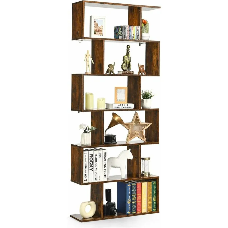 Libreria in Legno Scaffale Multifunzionale a 6 Ripiani per Piante e Libri per Ufficio Casa Ripiano a Forma di s, 80 x 23 x 192 cm (Caffè) - Costway