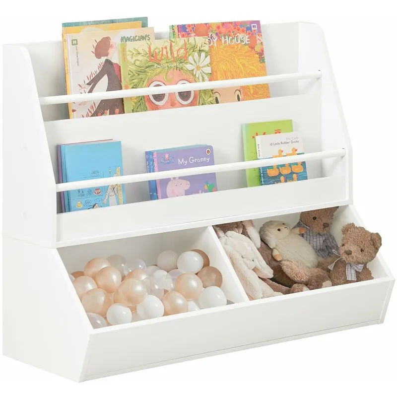 Libreria per bambini Scaffale portaoggetti con 2 ripiani e 2 vani aperti Mobile per giocattoli Bianco 90x35x74cm KMB56-W Sobuy