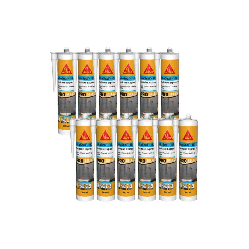 Lotto di 12 sigillanti siliconici a rapida essiccazione Sika Sika Seal-182 Sanitaire Express 1h - Trasparente - 300ml - Transparent