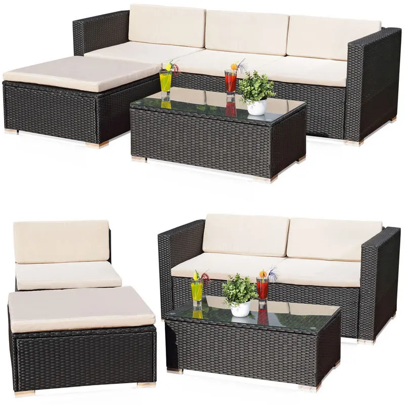 Lounge Garden Set Divano da tavolo Cuscino nero Polyrattan Mobili da giardino Polyrattan