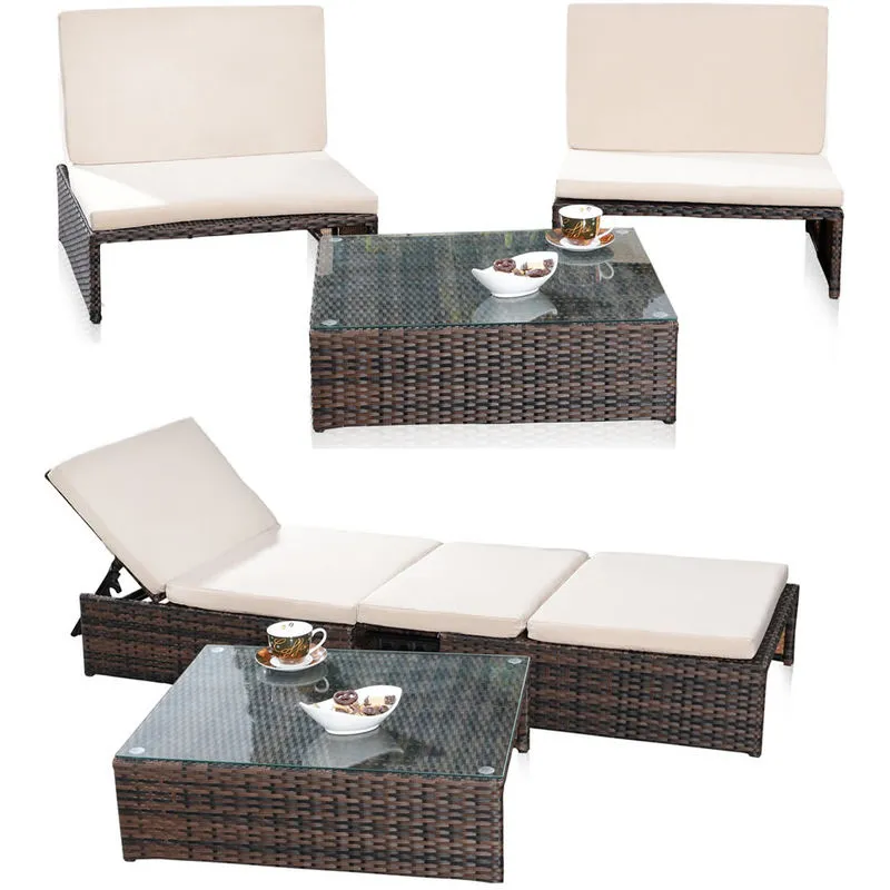 Lounge garden set suite 2er poltrona tavolo lettino prendisole polyrattan marrone