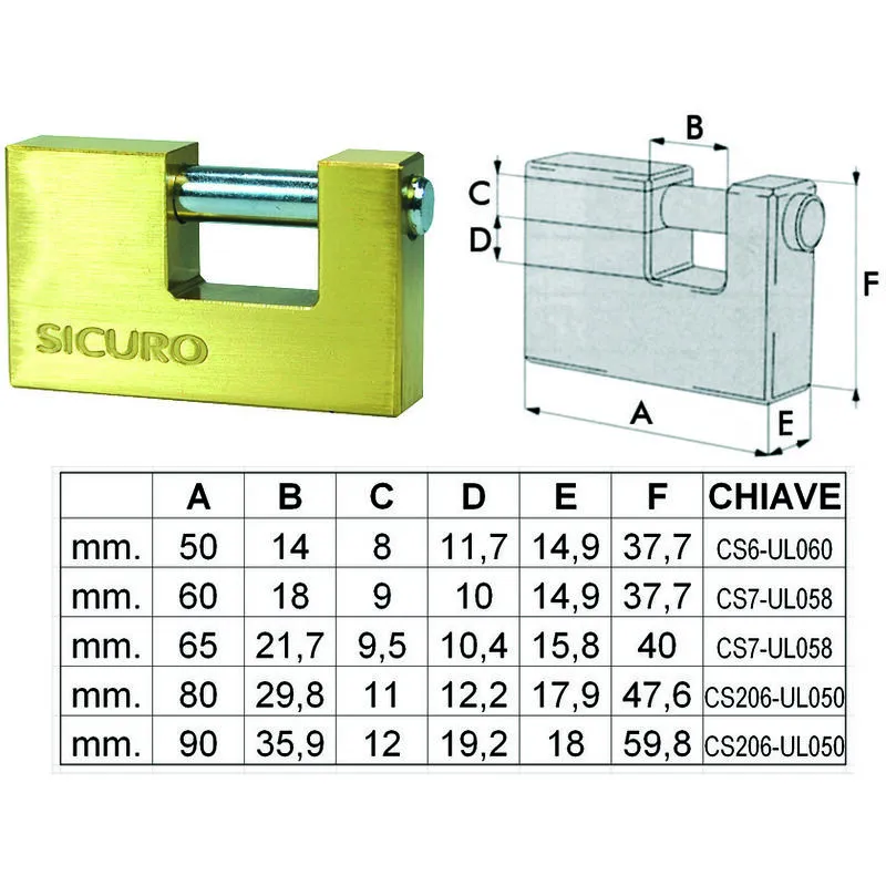 Sicuro - Lucchetto rettangolare in ottone - mm.90