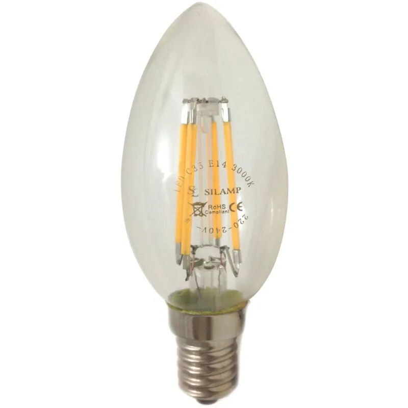 Silamp - Lampadina a Led E14 6w Candela oliva passo piccolo a vite con filamento C35-6WLuce Neutra Naturale 4200k