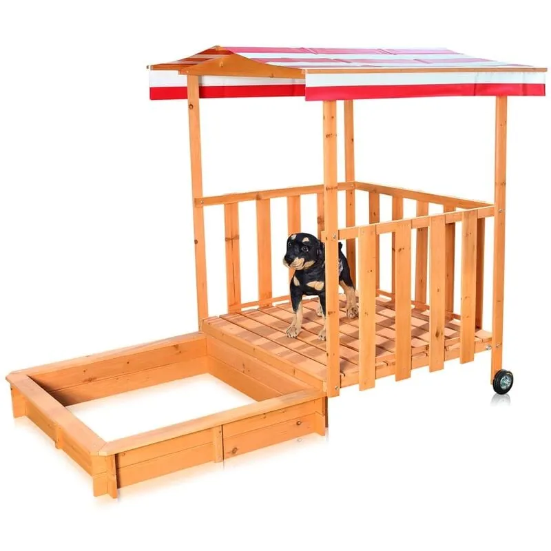 Melko - Sandbox Sandbox con copertura e protezione solare in legno per bambini, 182 x 100 x 140, con veranda e ringhiera, tetto rosso bianco