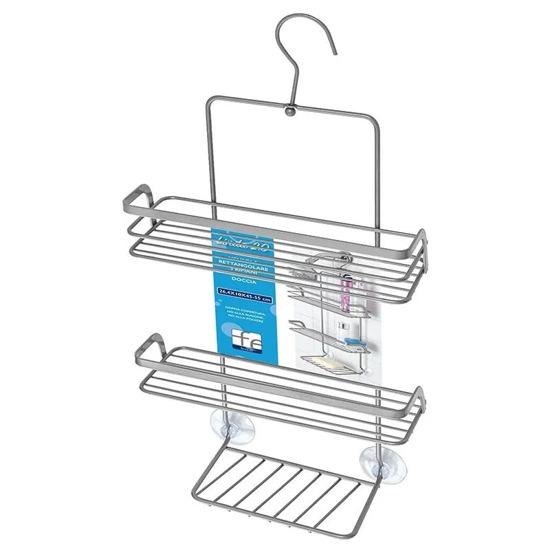 Feridras - Mensola doccia portaoggetti in acciaio grigio con gancio e ripiani