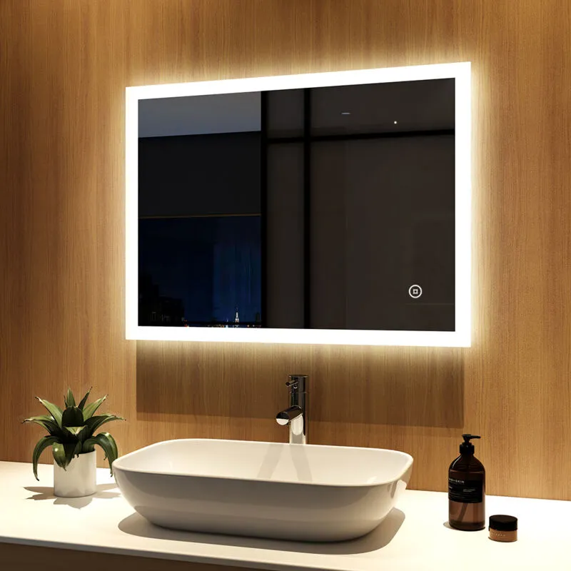 Specchio da Bagno con Luce 80x60cm led Illuminazione Specchio da Parete con Interruttore touch + Antiappannamento - Meykoers