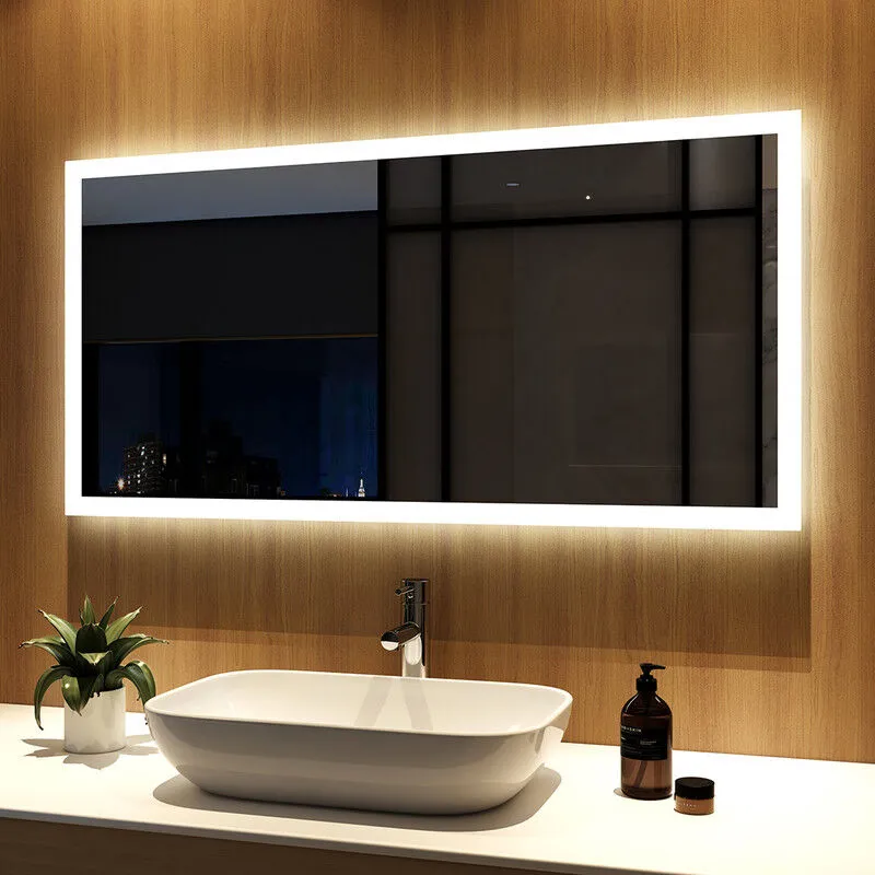 Specchio da Bagno con 2 colori chiari 120x60cm led Illuminazione Specchio da Parete con pulsante laterale + Antiappannamento - Meykoers