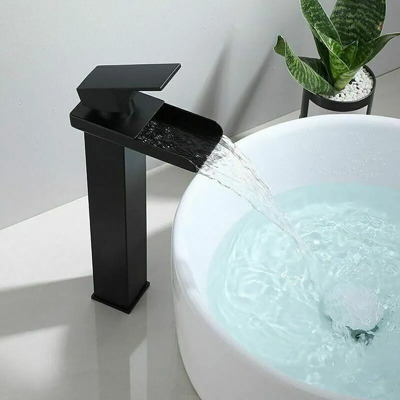 Miscelatore Lavabo Alto Rubinetto a Cascata Nero Opaco Rettangolare Caldo Freddo Regolabile Quadrato Bagno per Lavabo da Appoggio Miscelatore