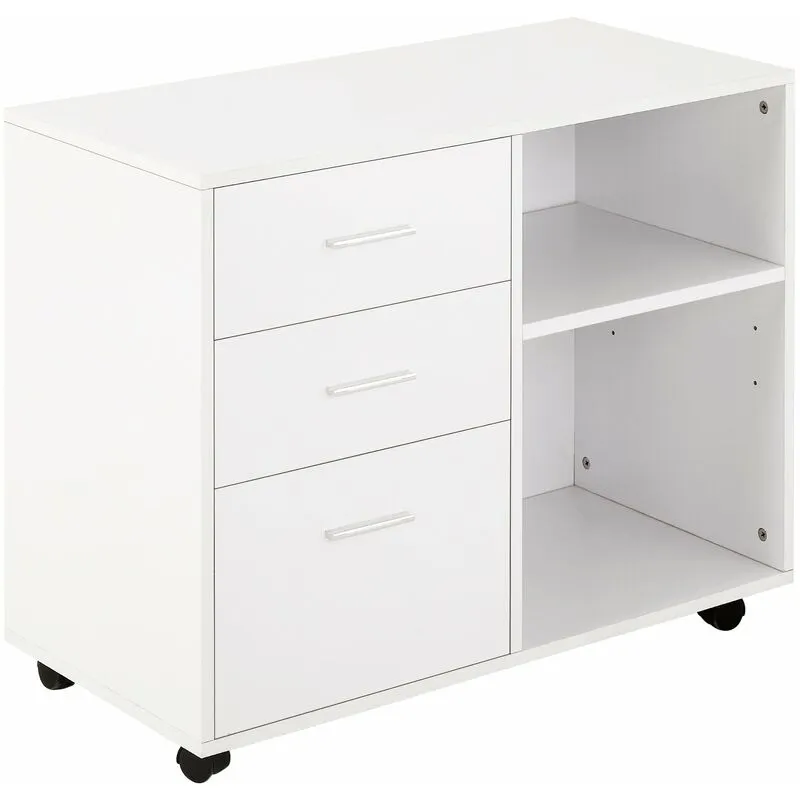 Giordanoshop - Mobile 3 Cassetti 2 Ripiani 80x40x65 cm con Ruote in Truciolare Bianco