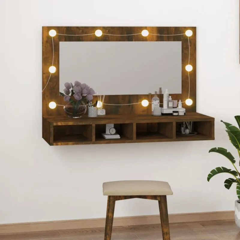 Specchio moderno da parete da 90cm con led e 4 scomparti inferiori vari colori colore: Rovere Fumo