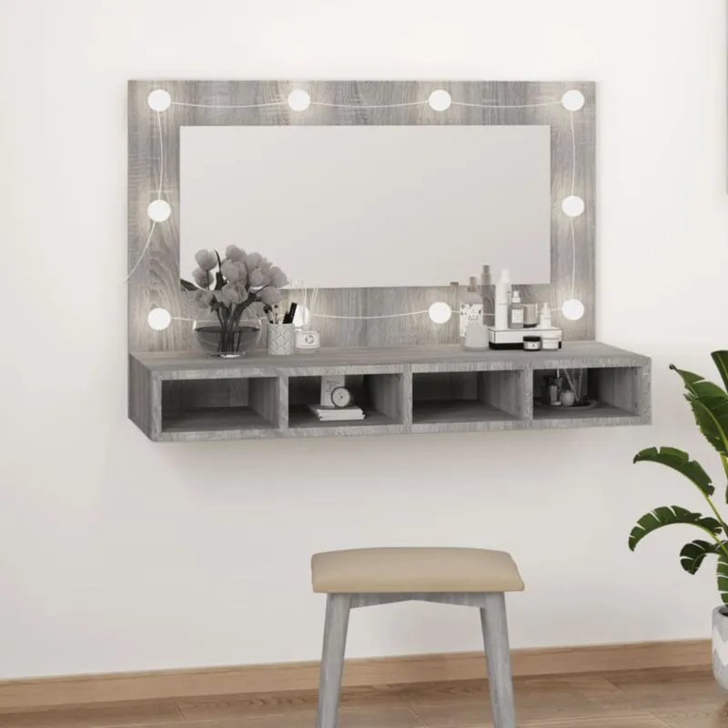 Specchio moderno da parete da 90cm con led e 4 scomparti inferiori vari colori colore: Grigio effetto legno