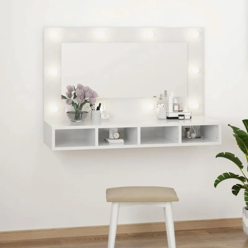 Mobile a Specchio con led Bianco Lucido 90x31,5x62 cm