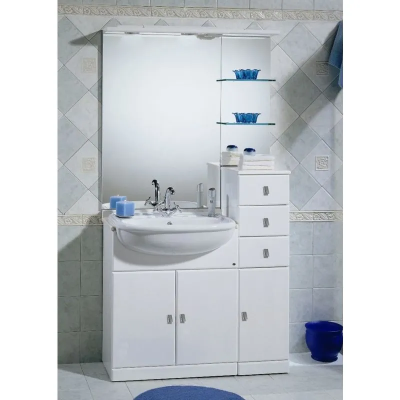 Bagno Italia - Mobile Arredo Bagno cm 70+30 con lavabo lavandino semincasso bianco lucido con top in marmo specchio e tettino Mobili 1