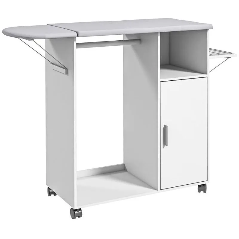 Mobile Asse Da Stiro Con Piano D'Appoggio. 3 Ripiani A Cubo E Guida. 107x42.5x99cm. Bianco