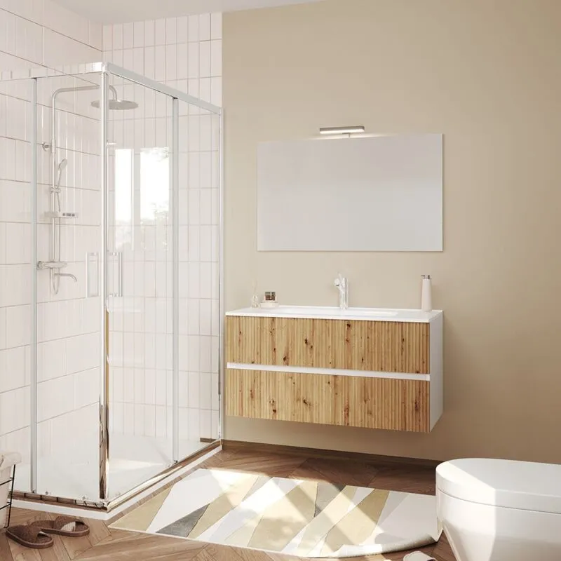 Mobile Bagno 100Cm Bianco Frontale Rovere Cannettato, Specchio 100X60 Salina