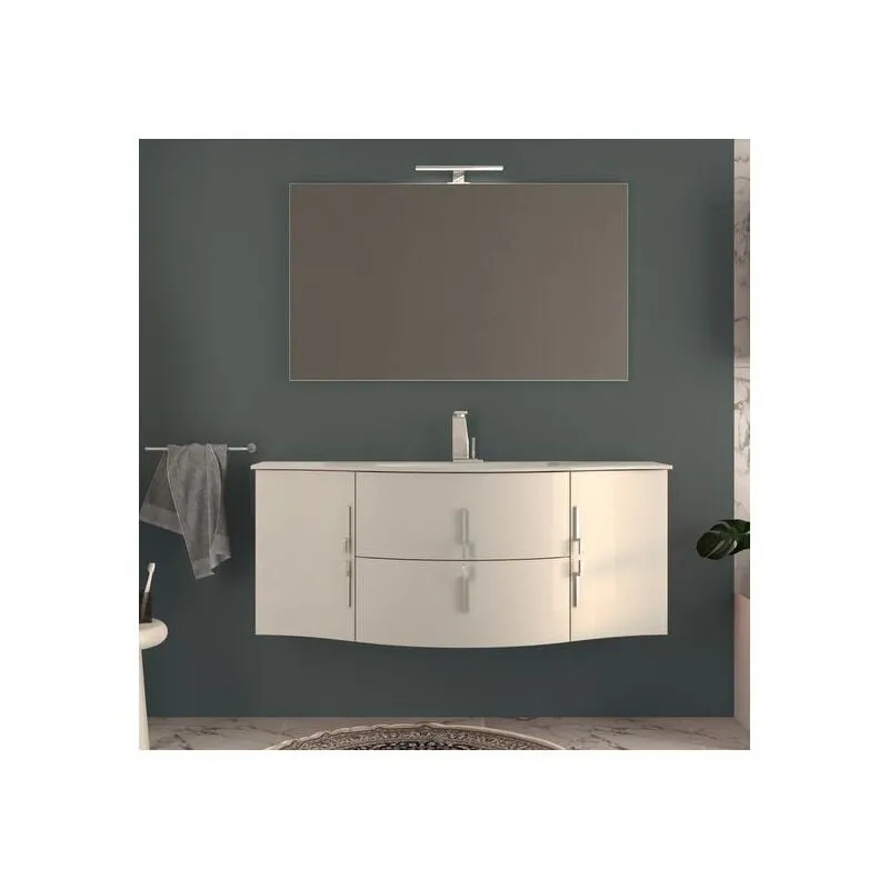 Bagno Italia - Mobile Bagno 138 cm arredo sospeso bianco con ante e cassetti lavabo in cristallo mobili