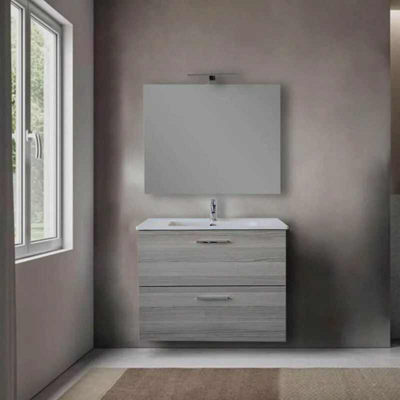  - Mobile bagno 80 cm Mia rovere scuro con specchio e lampada Led - Rovere scuro