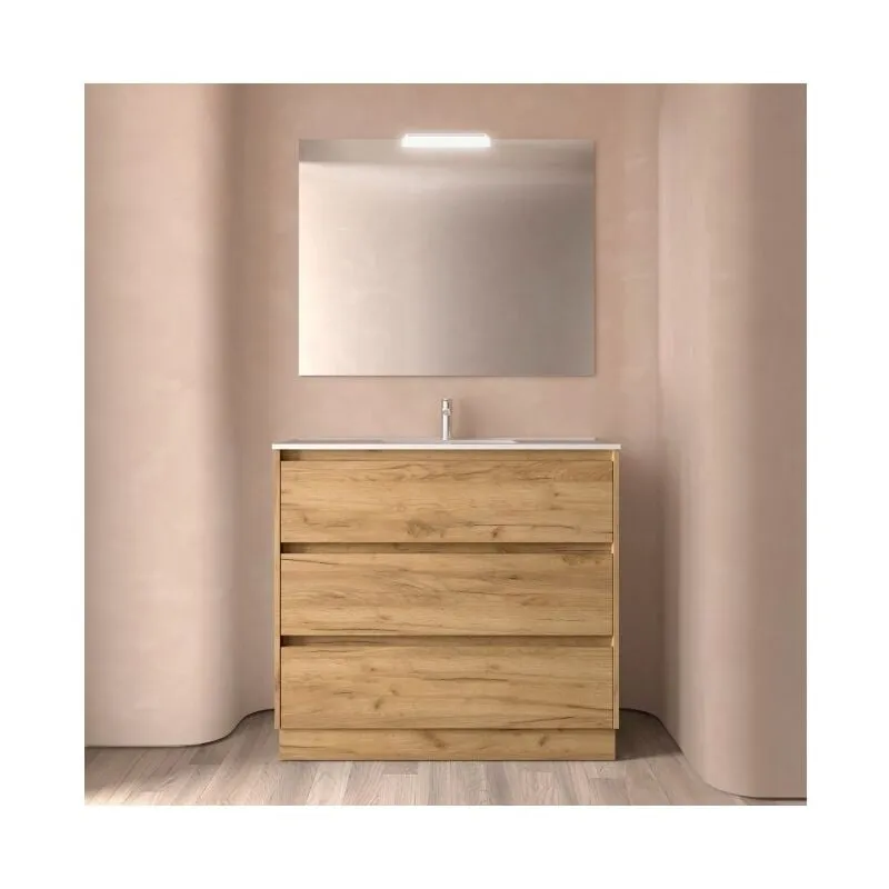 Abitare - Mobile bagno a terra 100 cm con lavabo ad incasso rovere africa - Nova - 60 cm Con specchio e lampada led