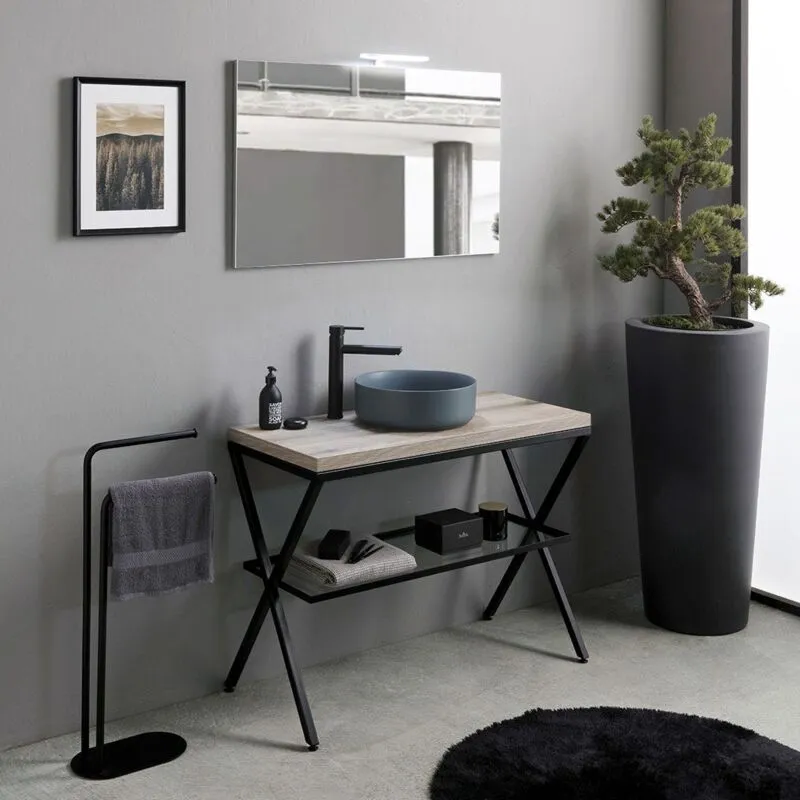 Mobile Bagno a Terra 100Cm Con Lavabo Grigio e Specchio Manchester