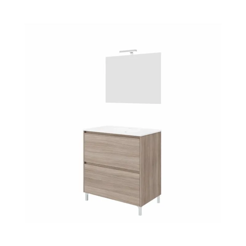 Abitare - Mobile bagno a terra 80 cm in legno rovere fumo con lavabo e specchio - Francia - Con colonna specchio e lampada led