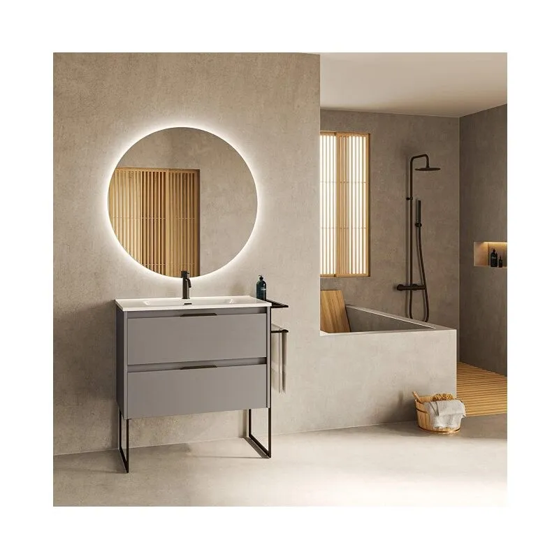 Abitare - Mobile bagno a terra 80 cm fumè sabbiato con lavabo - Reims - Con specchio e lampada led