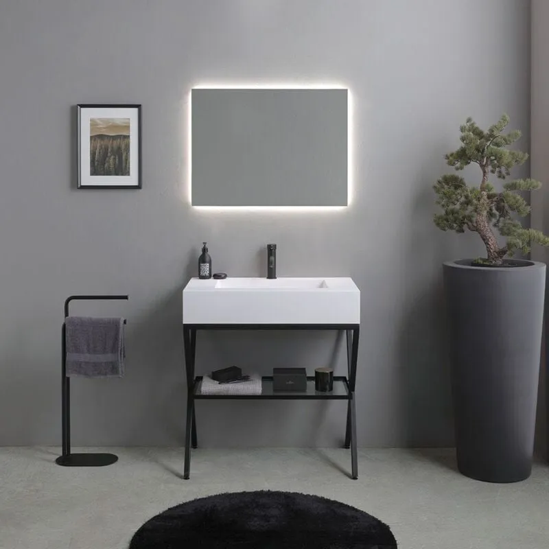 Kiamami Valentina - Mobile Bagno a Terra 80Cm Con Cavalletto In Metallo e Mensola In Vetro Manchester