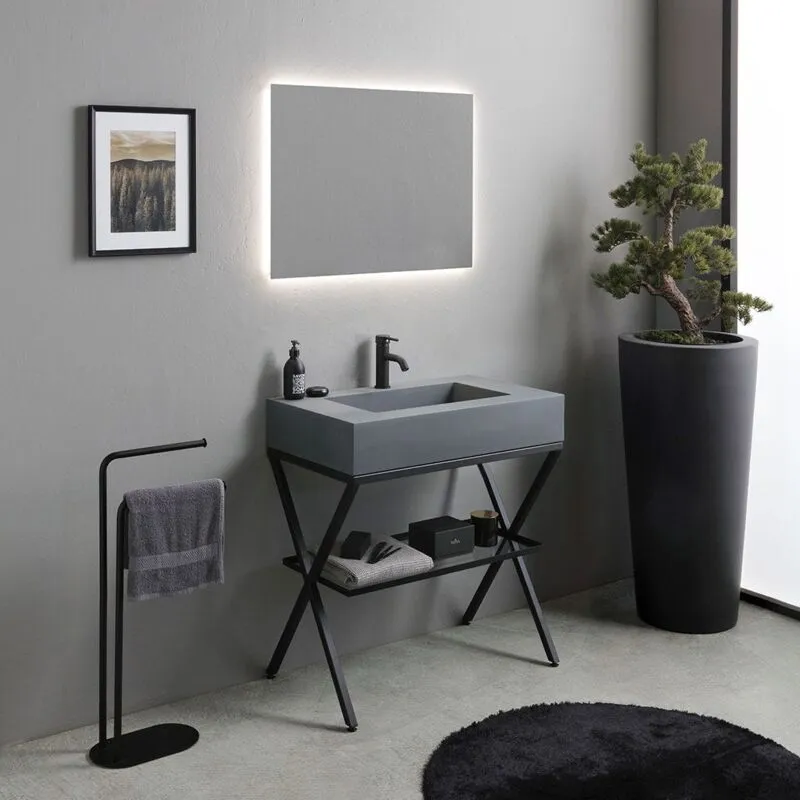 Mobile Bagno a Terra 80Cm Con Lavabo Grigio e Specchio Led Manchester