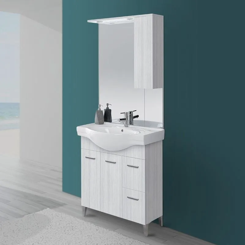 Inbagno - Mobile bagno a terra 85 cm grigio con pensile su specchio led Desya