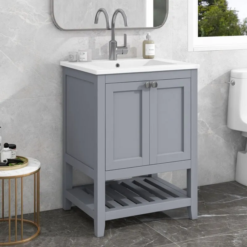 Mobile bagno lavabo singolo con base da 60 cm con lavabo in ceramica, grigio chiaro