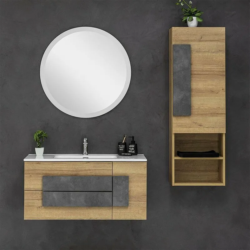 Feridras - Mobile Bagno Sospeso Moderno Legno Rovere 100x47 cm Completo di Specchio Tondo