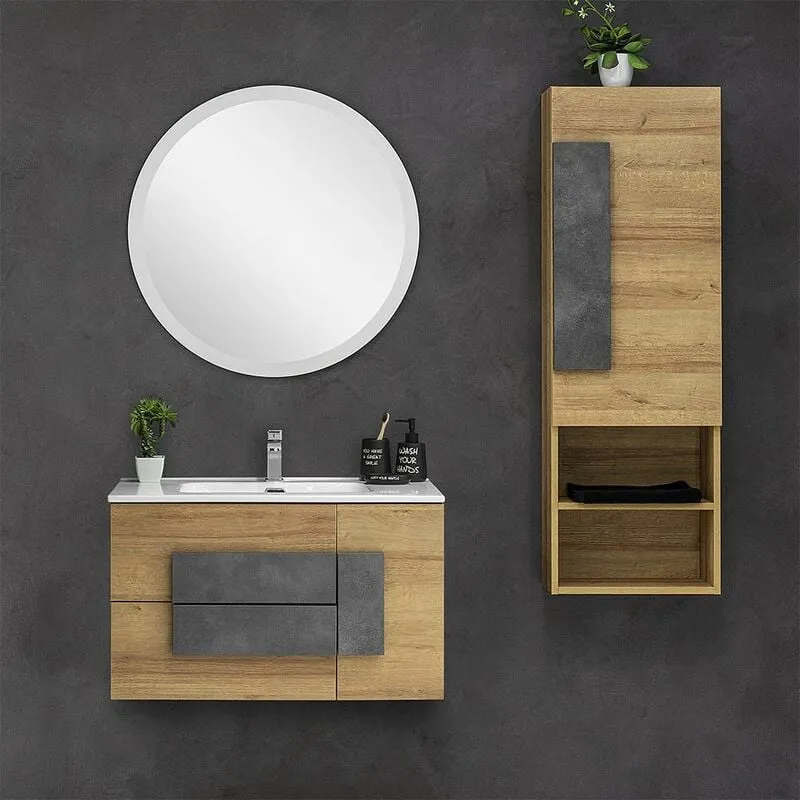 Feridras - Mobile Bagno Sospeso Effetto Legno 80x47 cm con Specchio Tondo