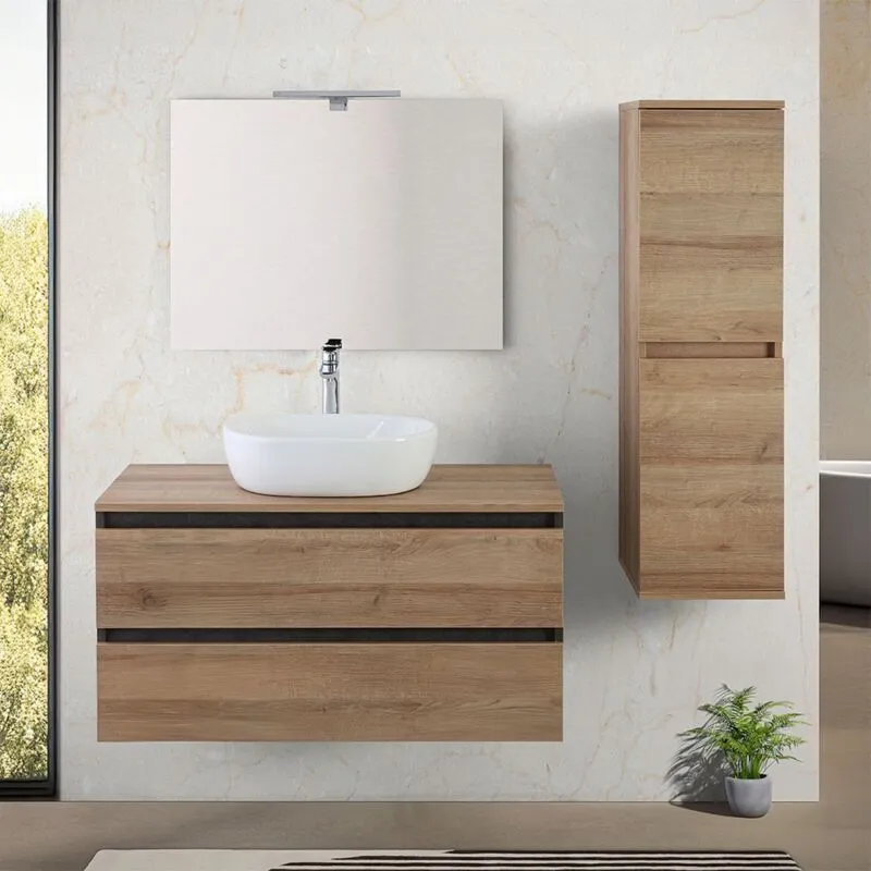 Inbagno - Mobile bagno sospeso 100 cm ossido e rovere con top lavabo e specchio Kleo