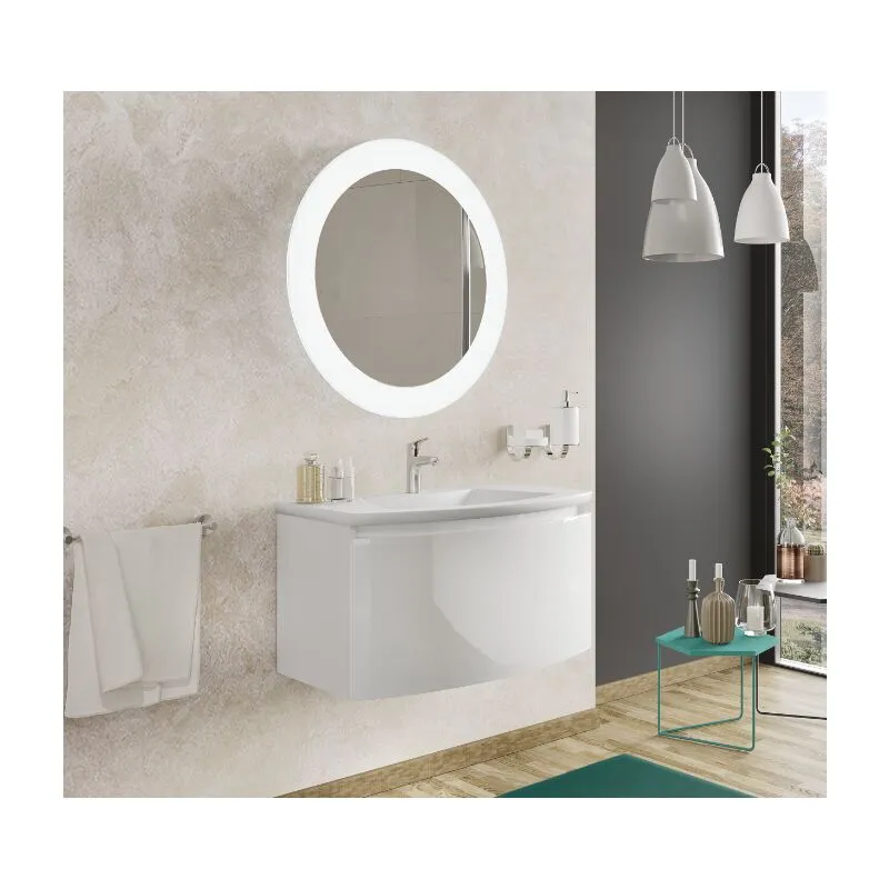 Mobile bagno sospeso 100 cm in legno bianco lucido con lavabo in ceramica e specchio - Margherita