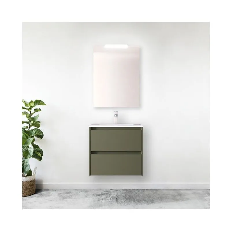 Mobile bagno sospeso 60 cm in legno verde satinato con lavabo a incasso - Nova - Con colonna specchio e lampada led