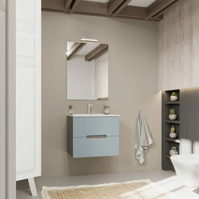 Mobile Bagno Sospeso 60Cm Quercia Naturale e Frontale Blu Opaco Magnolia