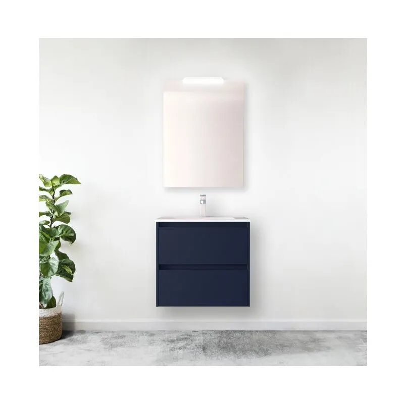 Mobile bagno sospeso 70 cm in legno blu satinato con lavabo a incasso - Nova - Con colonna specchio e lampada led