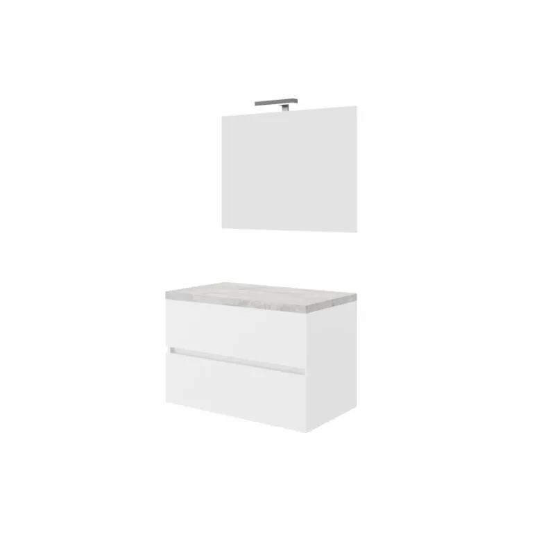 Abitare - Mobile bagno sospeso 80 cm in legno bianco lucido e top beton con lavabo e specchio - Civo - Con specchio e lavabo rettangolare