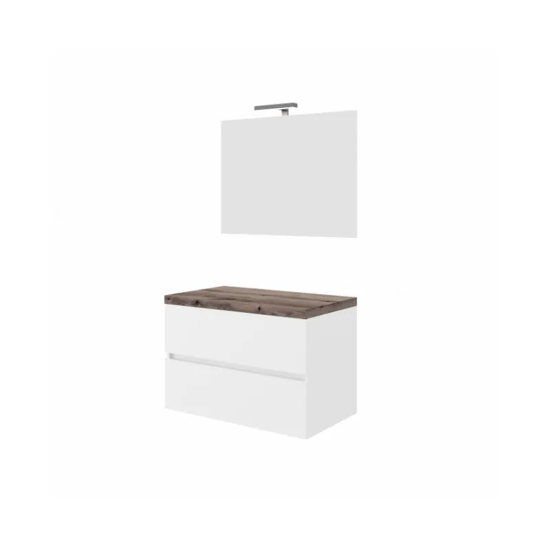 Mobile bagno sospeso 80 cm in legno bianco lucido e top rovere fossile con lavabo e specchio - Civo - Con specchio e lavabo tondo