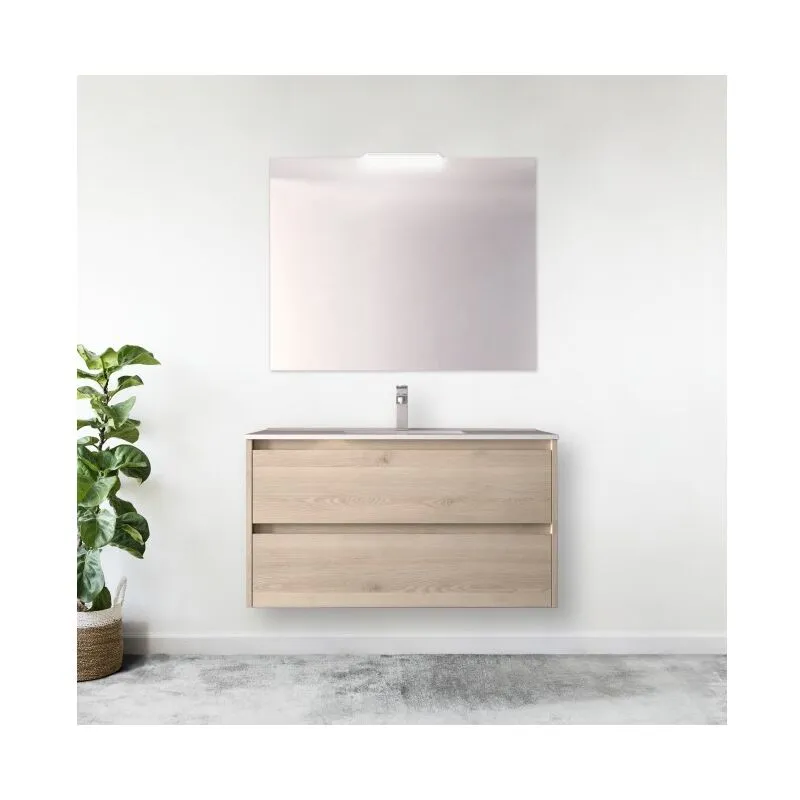 Mobile bagno sospeso 80 cm in legno naturale con lavabo a incasso - Nova - Con colonna