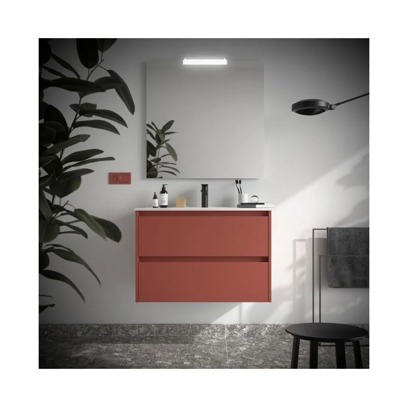 Mobile bagno sospeso 80 cm in legno rosso satinato con lavabo a incasso - Nova - Con specchio e lampada led