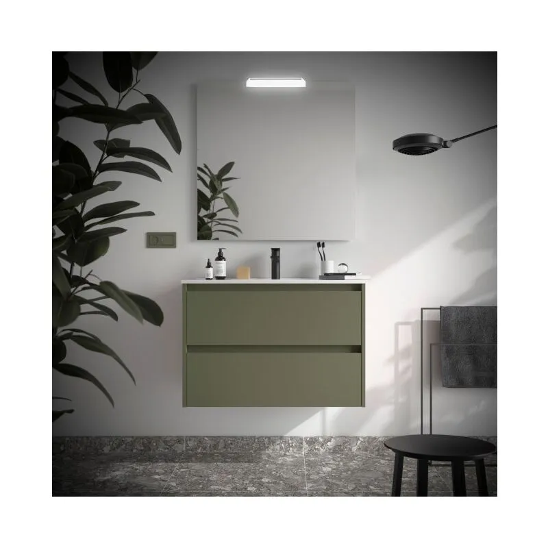 Mobile bagno sospeso 80 cm in legno verde satinato con lavabo a incasso - Nova - Standard