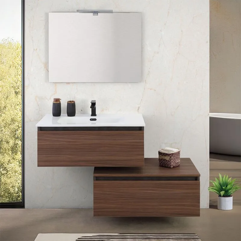 Inbagno - Mobile bagno sospeso 80 cm ossido e noce con cassetto sfalsato Kleo