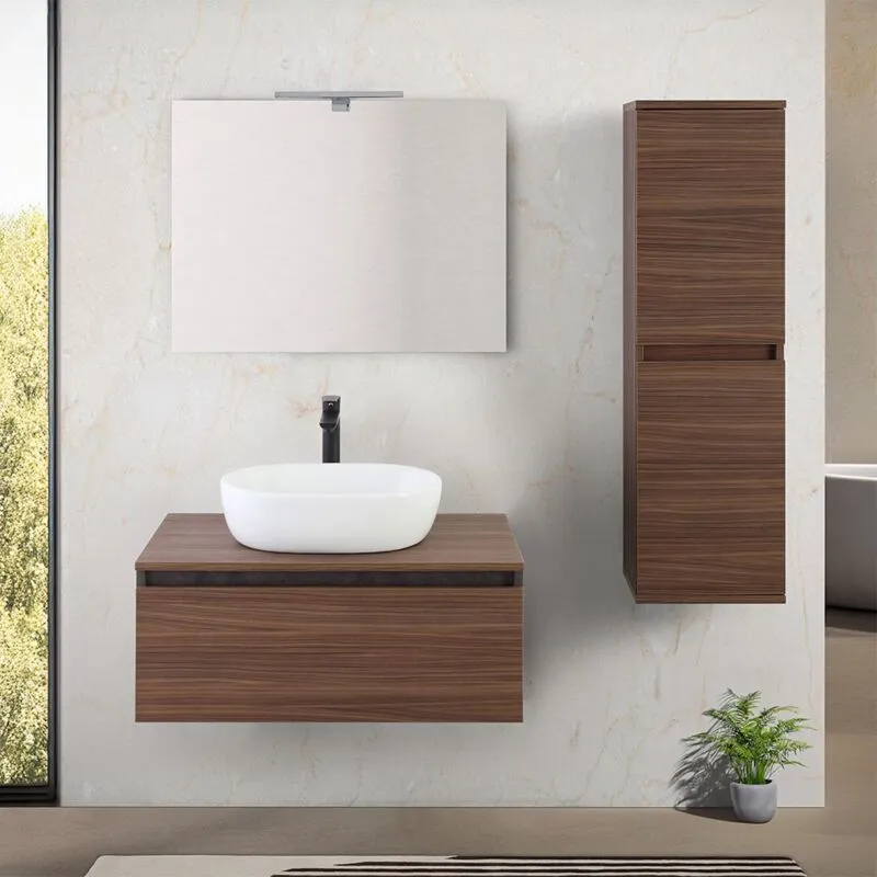 Inbagno - Mobile bagno sospeso 80 cm ossido e noce con lavabo e specchio Kleo