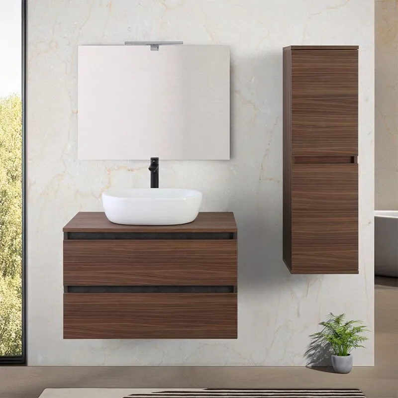 Inbagno - Mobile bagno sospeso 80 cm ossido e noce con top lavabo e specchio Kleo