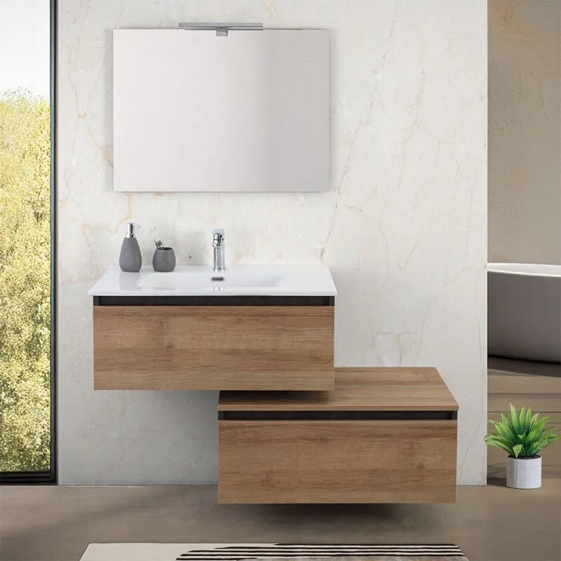 Inbagno - Mobile bagno sospeso 80 cm ossido e rovere con cassetto sfalsato Kleo